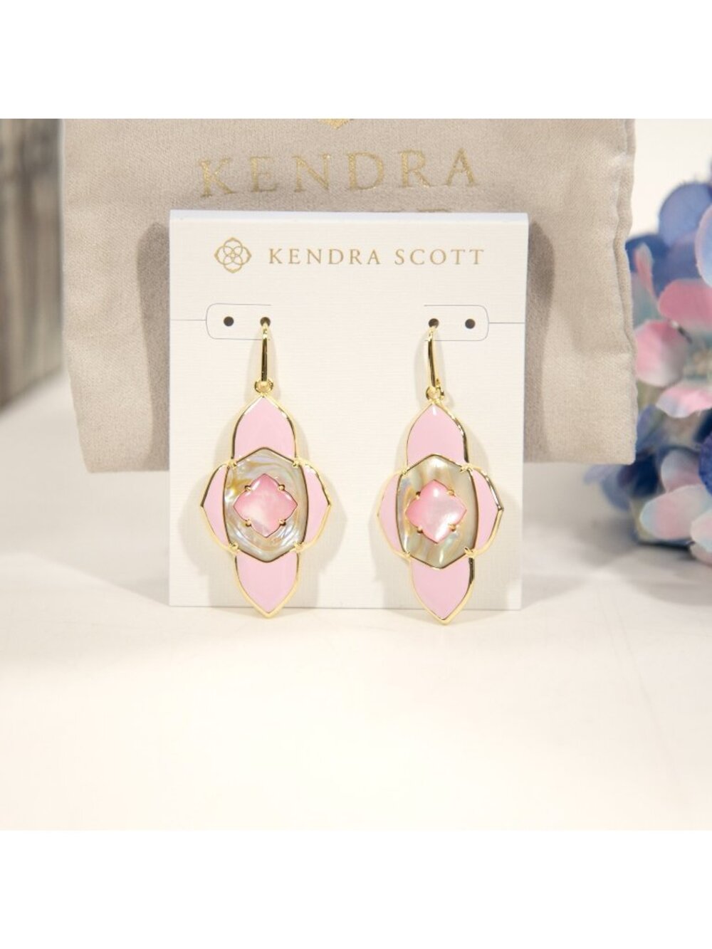 Kendra Scott Abbie Medallion Mother of Pearl Pink Gold Statement Earrings NWT